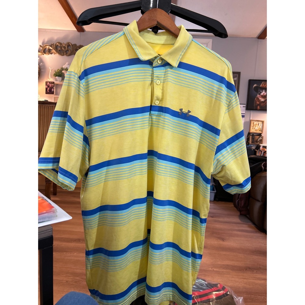 Under Armour Mens Golf Polo Shirt XL Loose Heatgear Yellow Blue Stripe Sht sleev